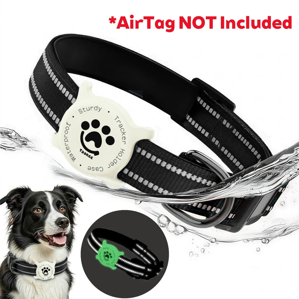 Taakcc Reflective Dog Collar with Luminous Airtag Holder, Waterproof Soft Padded & Safety Buckle, Air Tag Tracker Case Collars