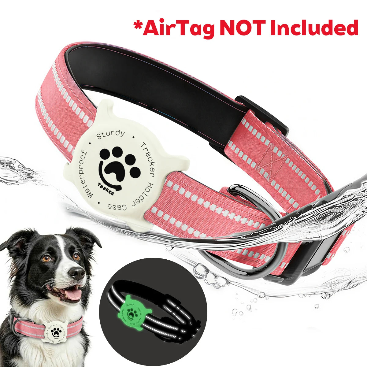 Taakcc Reflective Dog Collar with Luminous Airtag Holder, Waterproof Soft Padded & Safety Buckle, Air Tag Tracker Case Collars