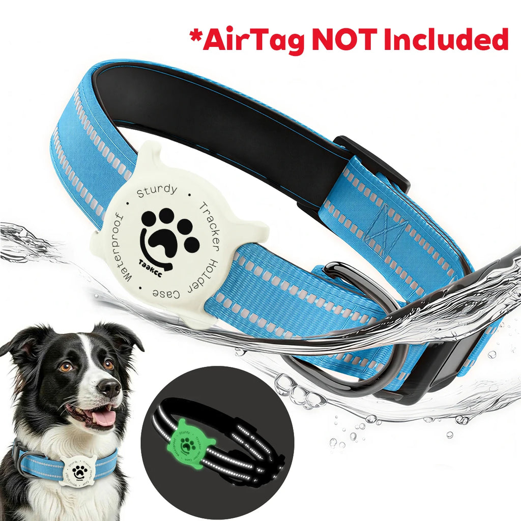 Taakcc Reflective Dog Collar with Luminous Airtag Holder, Waterproof Soft Padded & Safety Buckle, Air Tag Tracker Case Collars